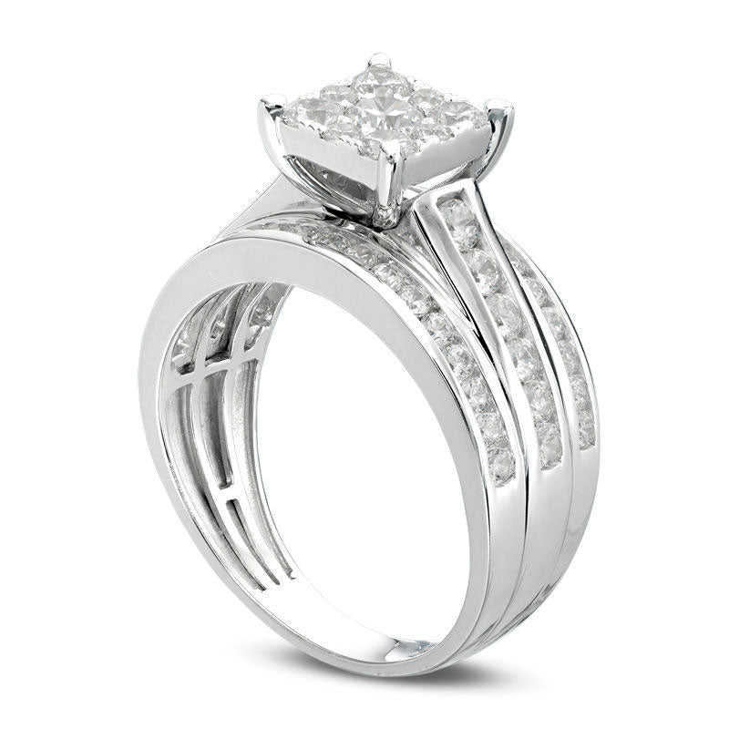 1.5 CT. T.W. Natural Diamond Square Frame Multi-Row Engagement Ring in Solid 14K White Gold
