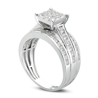 1.5 CT. T.W. Natural Diamond Square Frame Multi-Row Engagement Ring in Solid 14K White Gold
