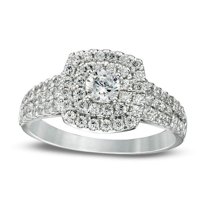 1.0 CT. T.W. Natural Diamond Double Cushion Frame Multi-Row Engagement Ring in Solid 14K White Gold