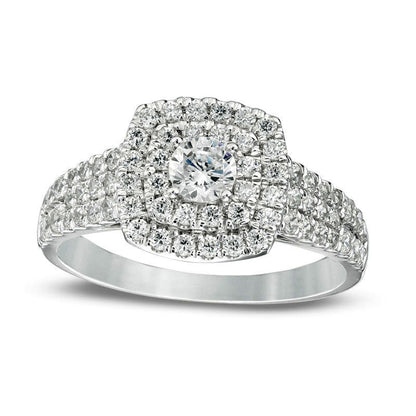 1.0 CT. T.W. Natural Diamond Double Cushion Frame Multi-Row Engagement Ring in Solid 14K White Gold