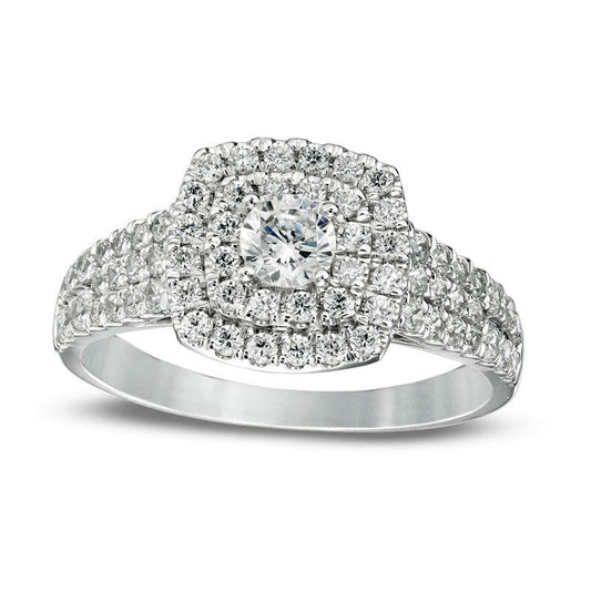 1.0 CT. T.W. Natural Diamond Double Cushion Frame Multi-Row Engagement Ring in Solid 14K White Gold