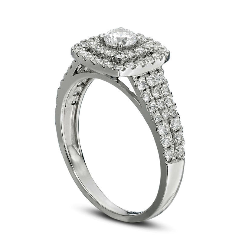 1.0 CT. T.W. Natural Diamond Double Cushion Frame Multi-Row Engagement Ring in Solid 14K White Gold