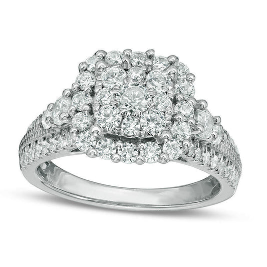 1.5 CT. T.W. Natural Diamond Double Square Frame Antique Vintage-Style Engagement Ring in Solid 14K White Gold