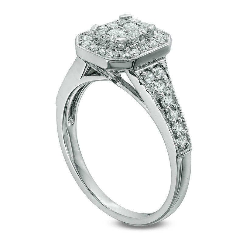 0.63 CT. T.W. Composite Natural Diamond Octagonal Frame Antique Vintage-Style Engagement Ring in Solid 14K White Gold