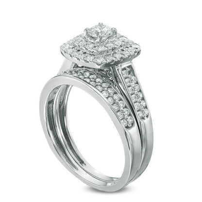1.0 CT. T.W. Natural Diamond Double Cushion Frame Bridal Engagement Ring Set in Solid 14K White Gold
