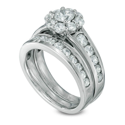 2.25 CT. T.W. Natural Diamond Flower Frame Bridal Engagement Ring Set in Solid 14K White Gold