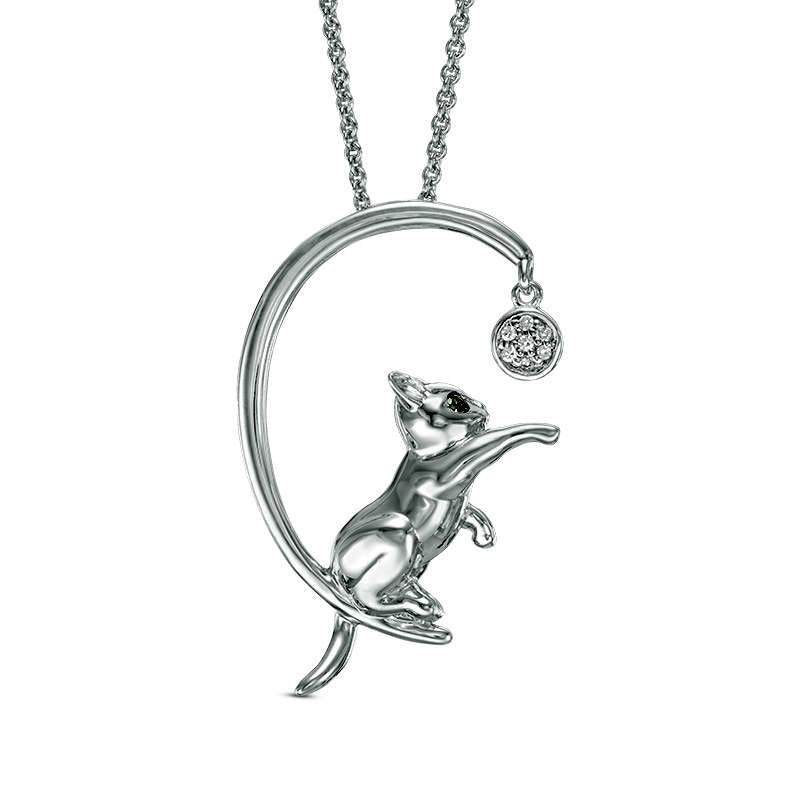 Enhanced Black and White Natural Diamond Accent Cat with Ball Pendant in Sterling Silver