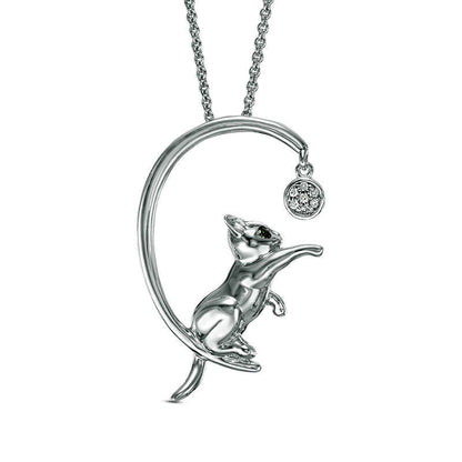 Enhanced Black and White Natural Diamond Accent Cat with Ball Pendant in Sterling Silver