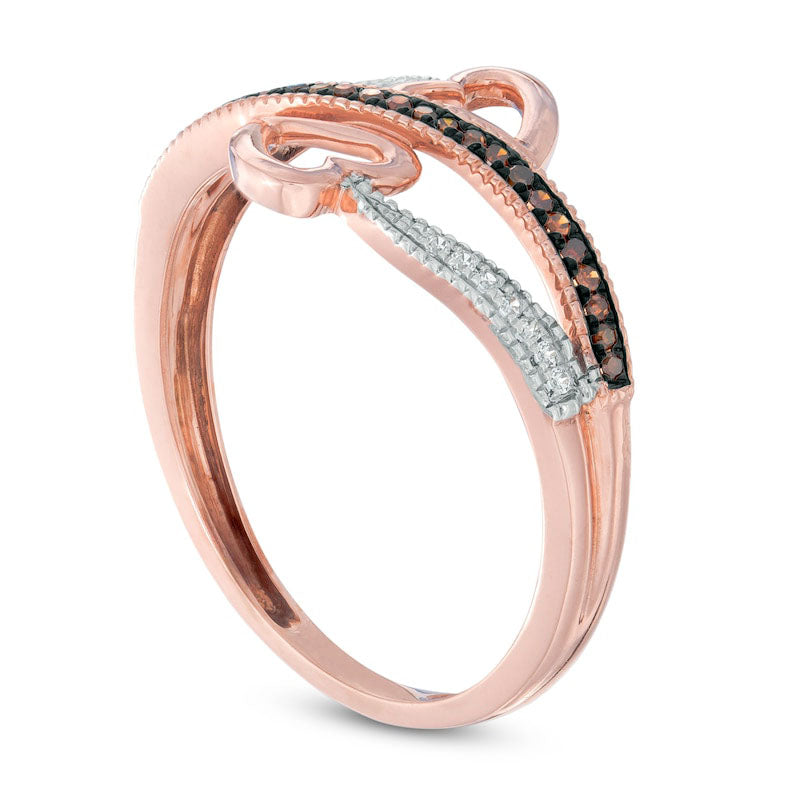 0.10 CT. T.W. Enhanced Cognac and White Natural Diamond Double Heart Bypass Ring in Solid 10K Rose Gold