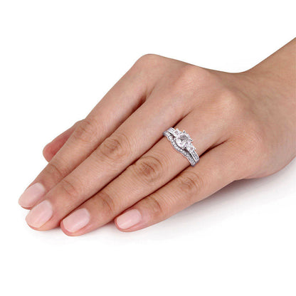 6.0mm Lab-Created White Sapphire and 0.13 CT. T.W. Diamond Three Stone Bridal Engagement Ring Set in Solid 10K White Gold