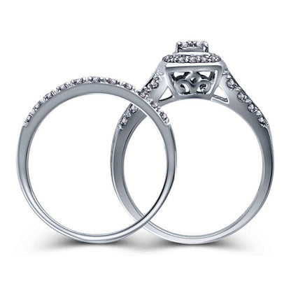 0.50 CT. T.W. Quad Natural Diamond Cushion Frame Multi-Row Bridal Engagement Ring Set in Sterling Silver