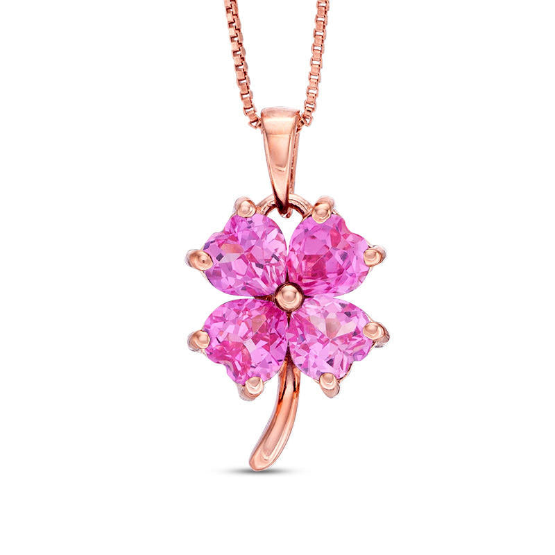 5.0mm Heart-Shaped Lab-Created Pink Sapphire Clover Pendant in Sterling Silver with 14K Rose Gold Plate