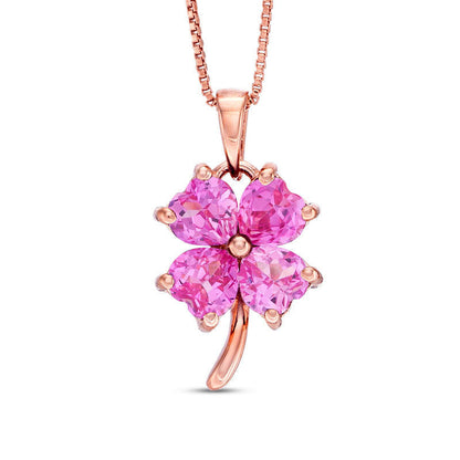 5.0mm Heart-Shaped Lab-Created Pink Sapphire Clover Pendant in Sterling Silver with 14K Rose Gold Plate