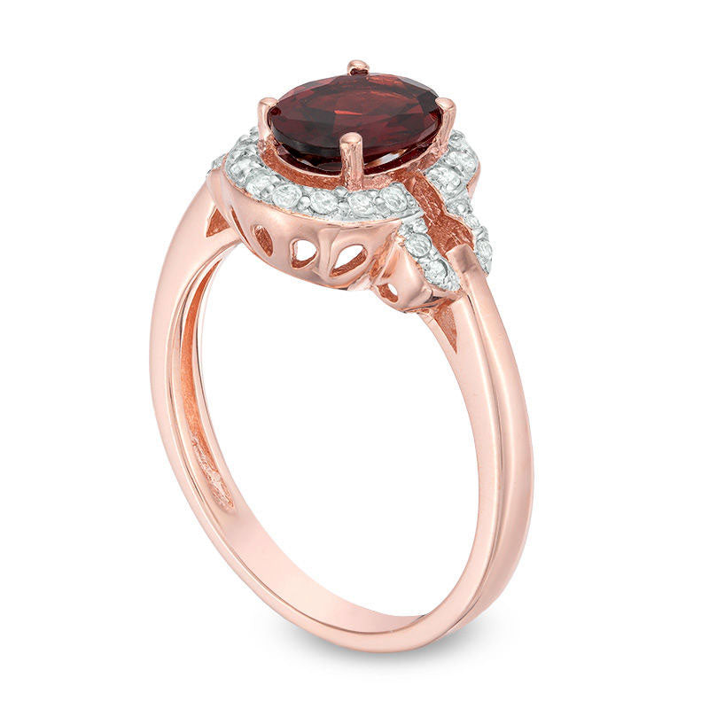 Oval Garnet and White Topaz Doorknocker Frame Ring in Sterling Silver with Solid 14K Rose Gold Plate