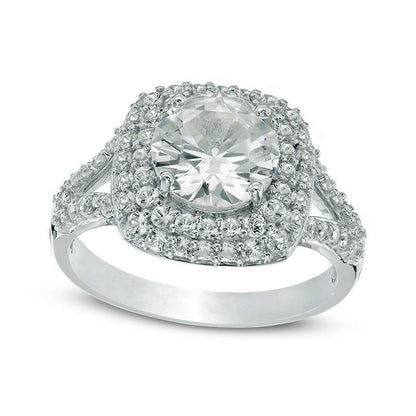 8.0mm Lab-Created White Sapphire Double Frame Split Shank Engagement Ring in Sterling Silver