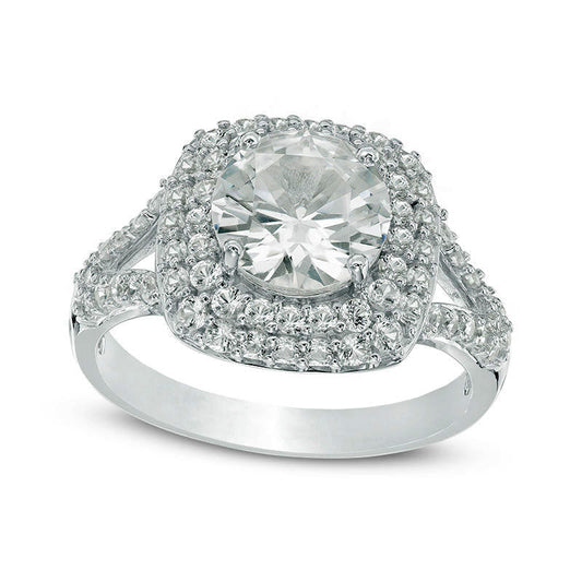 8.0mm Lab-Created White Sapphire Double Frame Split Shank Engagement Ring in Sterling Silver