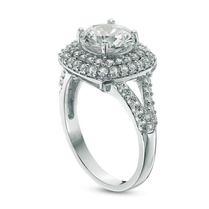8.0mm Lab-Created White Sapphire Double Frame Split Shank Engagement Ring in Sterling Silver