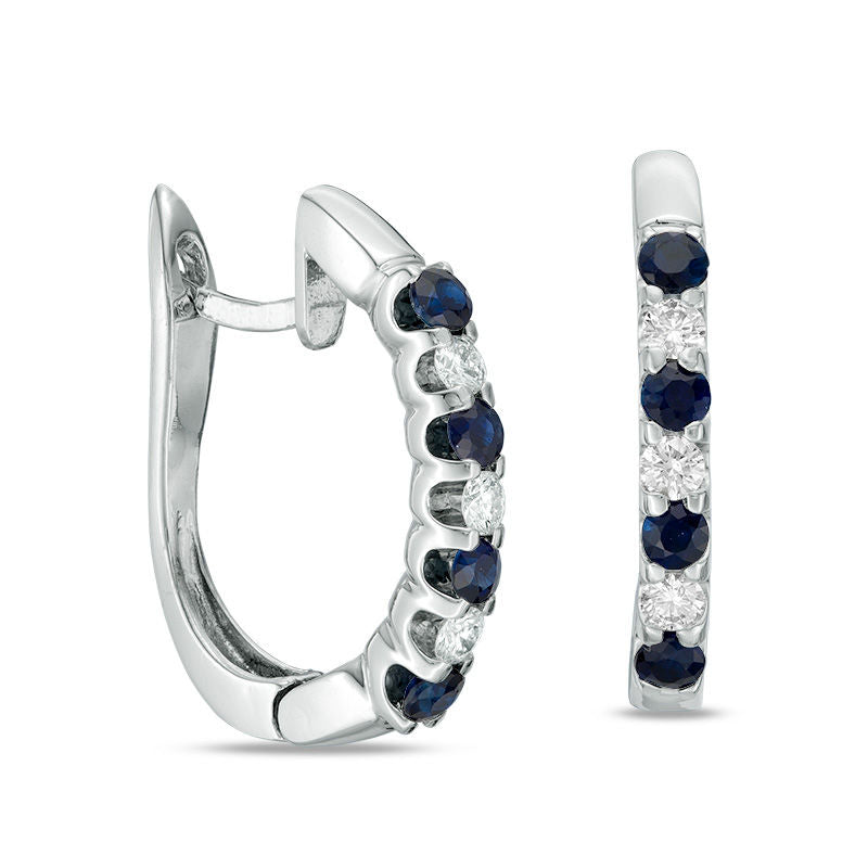 Blue Sapphire and 0.2 CT. T.W. Diamond Hoop Earrings in 10K White Gold