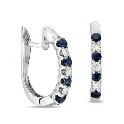 Blue Sapphire and 0.2 CT. T.W. Diamond Hoop Earrings in 10K White Gold