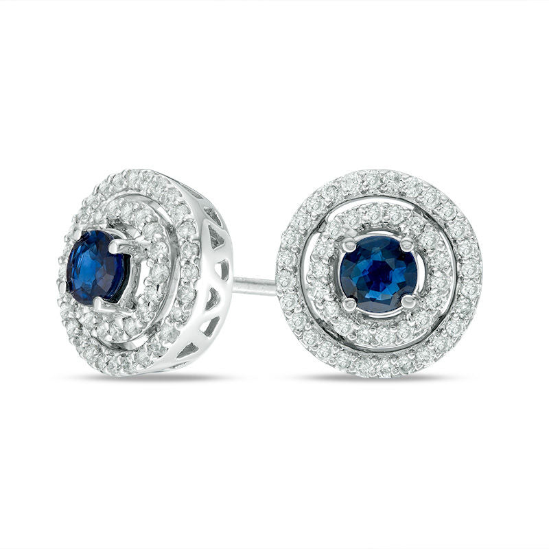 4.0mm Blue Sapphire and 0.33 CT. T.W. Diamond Double Frame Stud Earrings in 14K White Gold