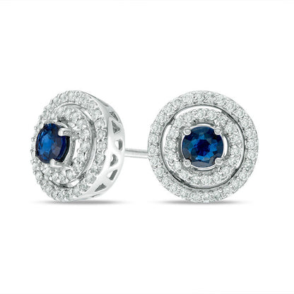 4.0mm Blue Sapphire and 0.33 CT. T.W. Diamond Double Frame Stud Earrings in 14K White Gold