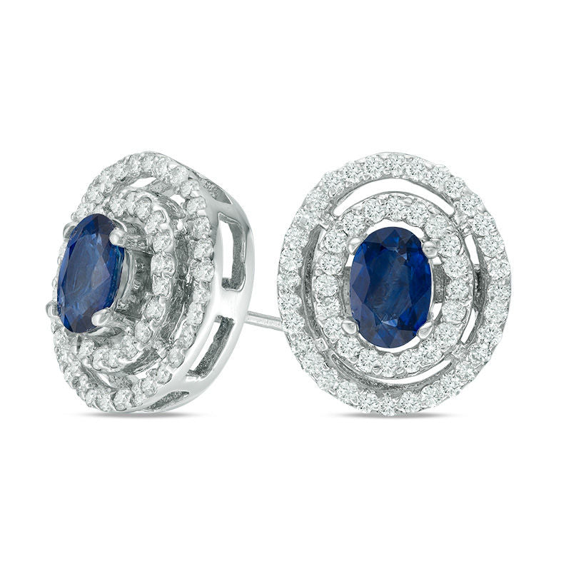 Oval Blue Sapphire and 0.75 CT. T.W. Diamond Double Frame Stud Earrings in 14K White Gold