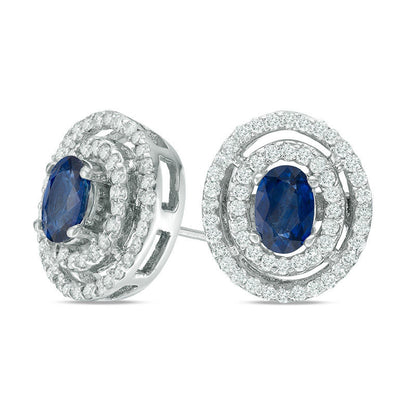 Oval Blue Sapphire and 0.75 CT. T.W. Diamond Double Frame Stud Earrings in 14K White Gold