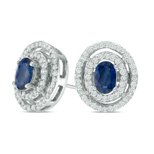 Oval Blue Sapphire and 0.75 CT. T.W. Diamond Double Frame Stud Earrings in 14K White Gold