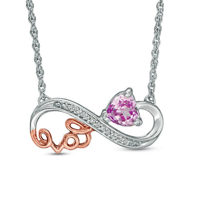 Lab-Created Pink Sapphire and Diamond Accent Cursive love" Infinity Necklace in Sterling Silver and 10K Rose Gold"