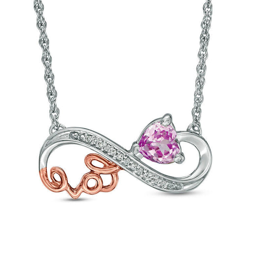 Lab-Created Pink Sapphire and Diamond Accent Cursive love" Infinity Necklace in Sterling Silver and 10K Rose Gold"