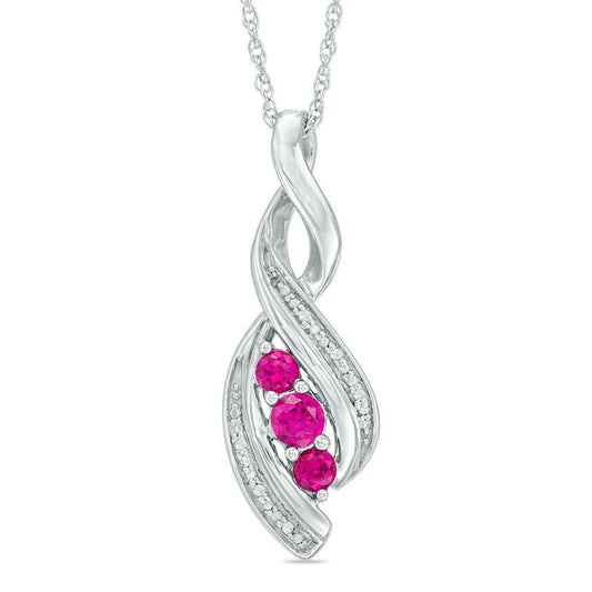 Lab-Created Ruby and Diamond Accent Cascading Three Stone Pendant in Sterling Silver