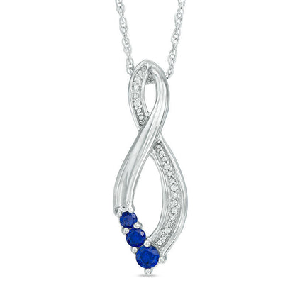 Lab-Created Blue Sapphire and Diamond Accent Three Stone Infinity Pendant in Sterling Silver