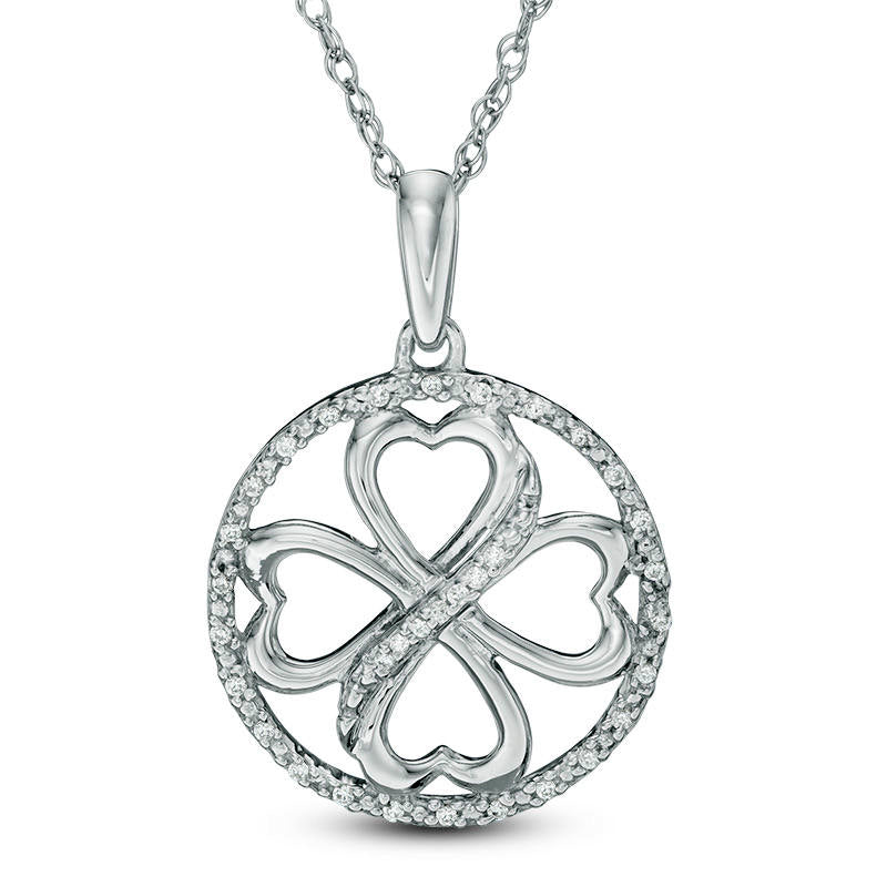 0.1 CT. T.W. Natural Diamond Heart-Shaped Four Leaf Clover Circle Pendant in Sterling Silver