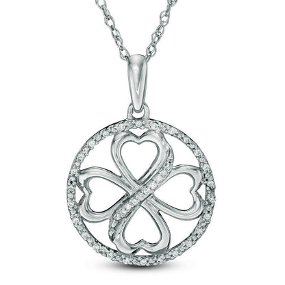 0.1 CT. T.W. Natural Diamond Heart-Shaped Four Leaf Clover Circle Pendant in Sterling Silver