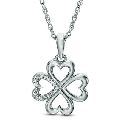 Natural Diamond Accent Heart-Shaped Four Leaf Clover Pendant in Sterling Silver