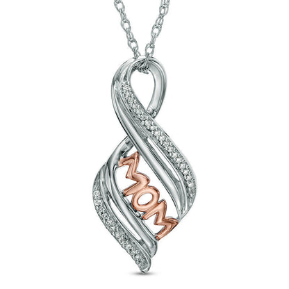 Natural Diamond Accent MOM" Flame Pendant in Sterling Silver and 10K Rose Gold"