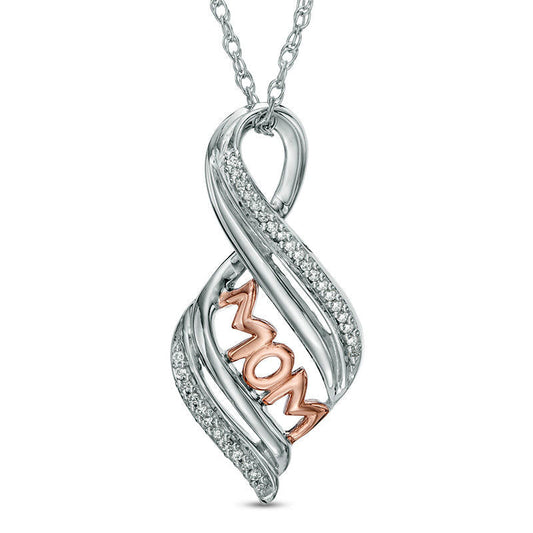 Natural Diamond Accent MOM" Flame Pendant in Sterling Silver and 10K Rose Gold"