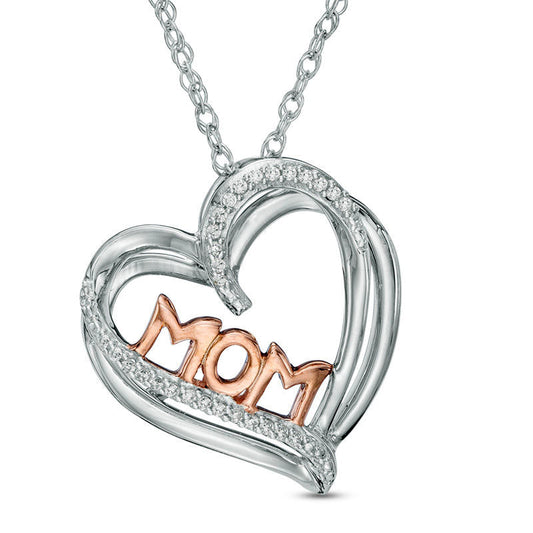 Natural Diamond Accent MOM" Heart Pendant in Sterling Silver and 10K Rose Gold"