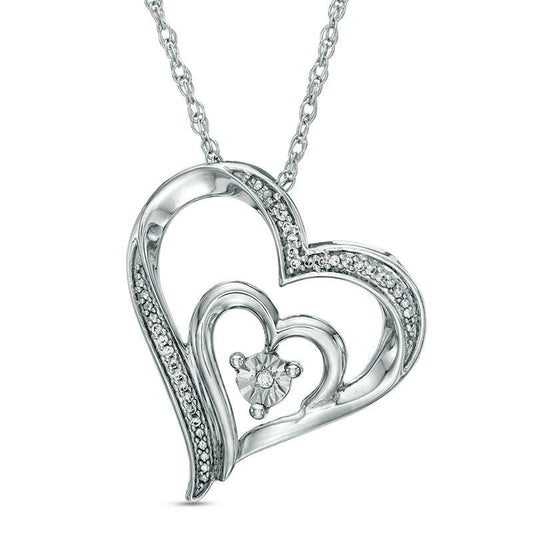 Natural Diamond Accent Tilted Double Heart Pendant in Sterling Silver and 10K Rose Gold