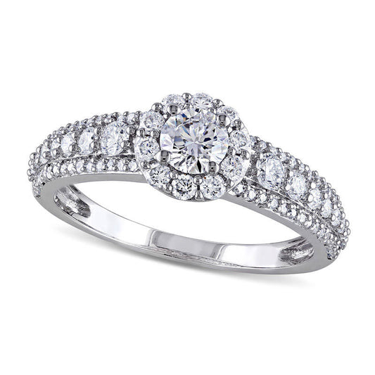 1.0 CT. T.W. Natural Diamond Frame Three Row Engagement Ring in Solid 14K White Gold