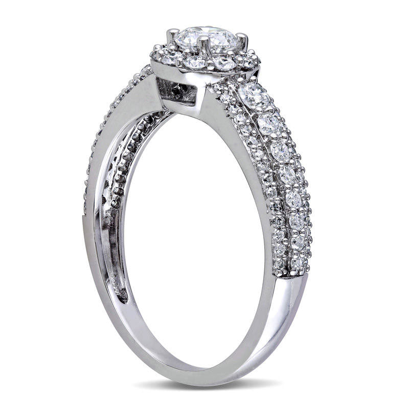1.0 CT. T.W. Natural Diamond Frame Three Row Engagement Ring in Solid 14K White Gold