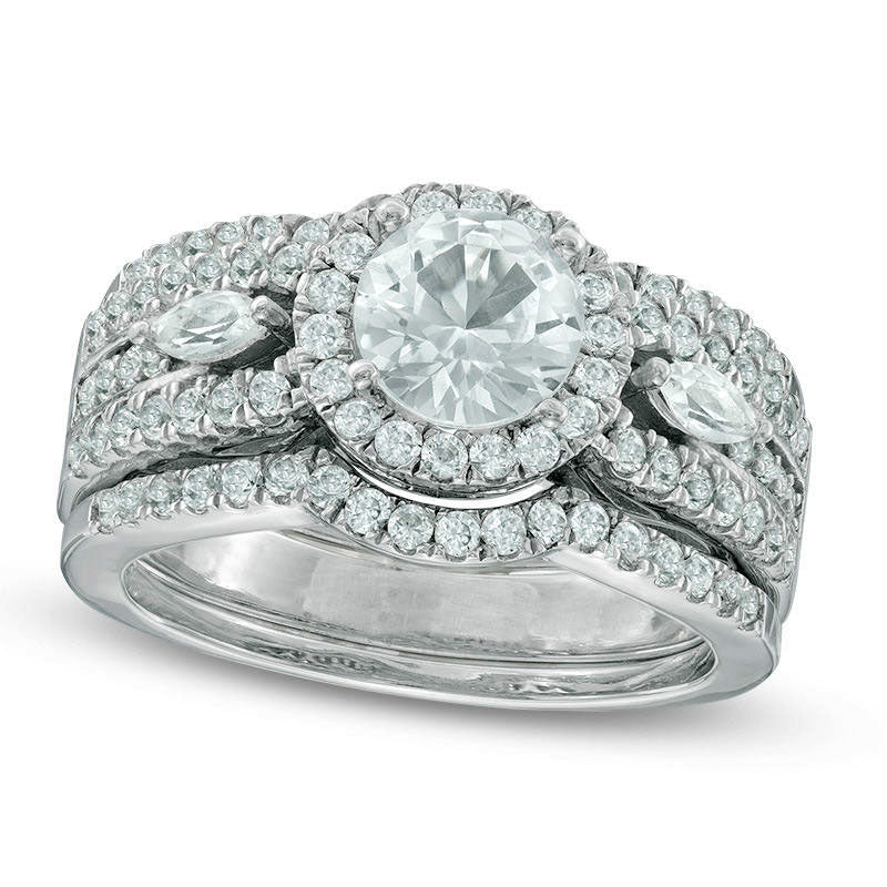 6.5mm Lab-Created White Sapphire Frame Bridal Engagement Ring Set in Sterling Silver