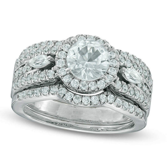 6.5mm Lab-Created White Sapphire Frame Bridal Engagement Ring Set in Sterling Silver