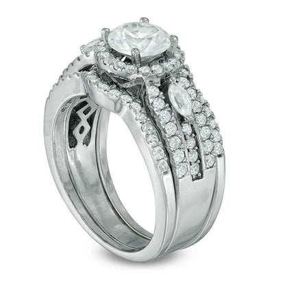 6.5mm Lab-Created White Sapphire Frame Bridal Engagement Ring Set in Sterling Silver