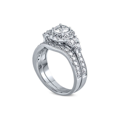 1.5 CT. T.W. Natural Diamond Frame Tri-Sides Antique Vintage-Style Bridal Engagement Ring Set in Solid 14K White Gold