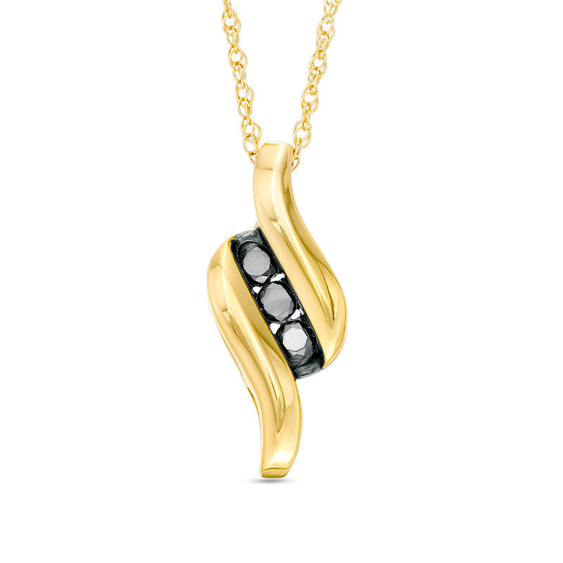 0.2 CT. T.W. Enhanced Black Natural Diamond Three Stone Flame Pendant in 10K Yellow Gold