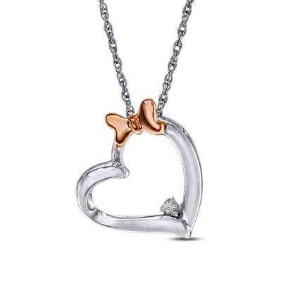 Natural Diamond Accent Tilted Heart with Bow Pendant in Sterling Silver and 10K Rose Gold