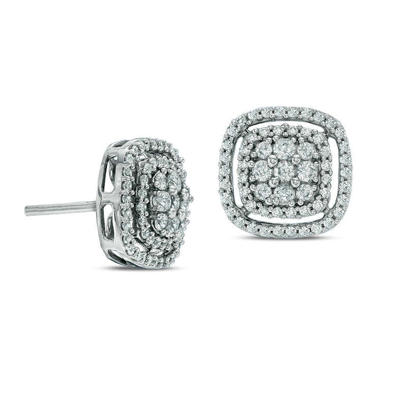 0.75 CT. T.W. Diamond Double Cushion Frame Stud Earrings in 10K White Gold