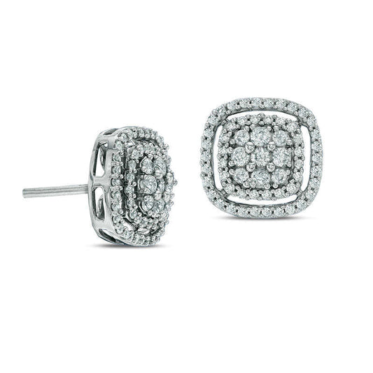 0.75 CT. T.W. Diamond Double Cushion Frame Stud Earrings in 10K White Gold