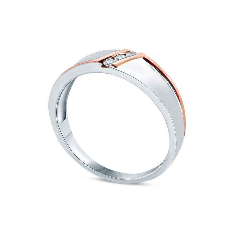 Ladies Natural Diamond Accent Three Stone Slant Bypass Stripe Wedding Band in Solid 10K Two-Tone Gold